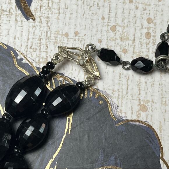 Vintage 40s 1940s Double Strand Faceted Black Beaded Chunky Choker Necklace D2 - Picture 5 of 10